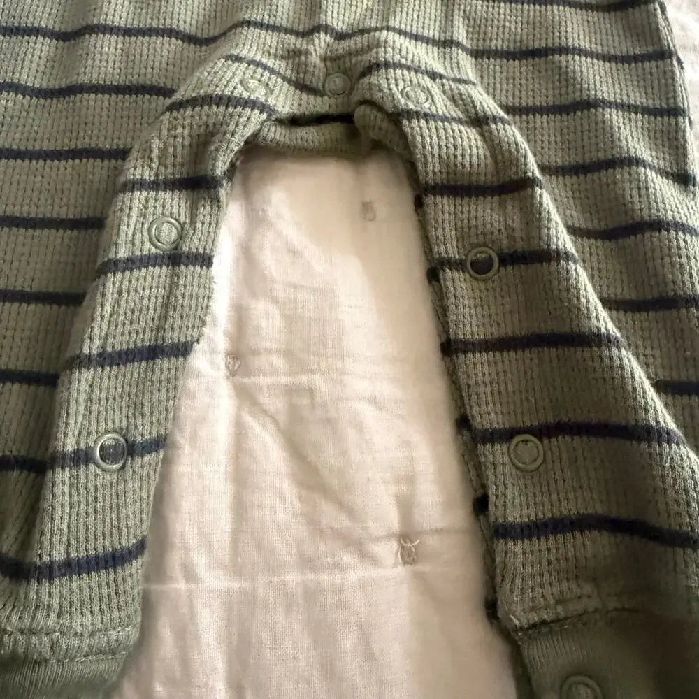 Carter’s Green Stripe Henley Romper Ribbed Thermal Waffle Knit Baby Boy 9 Months